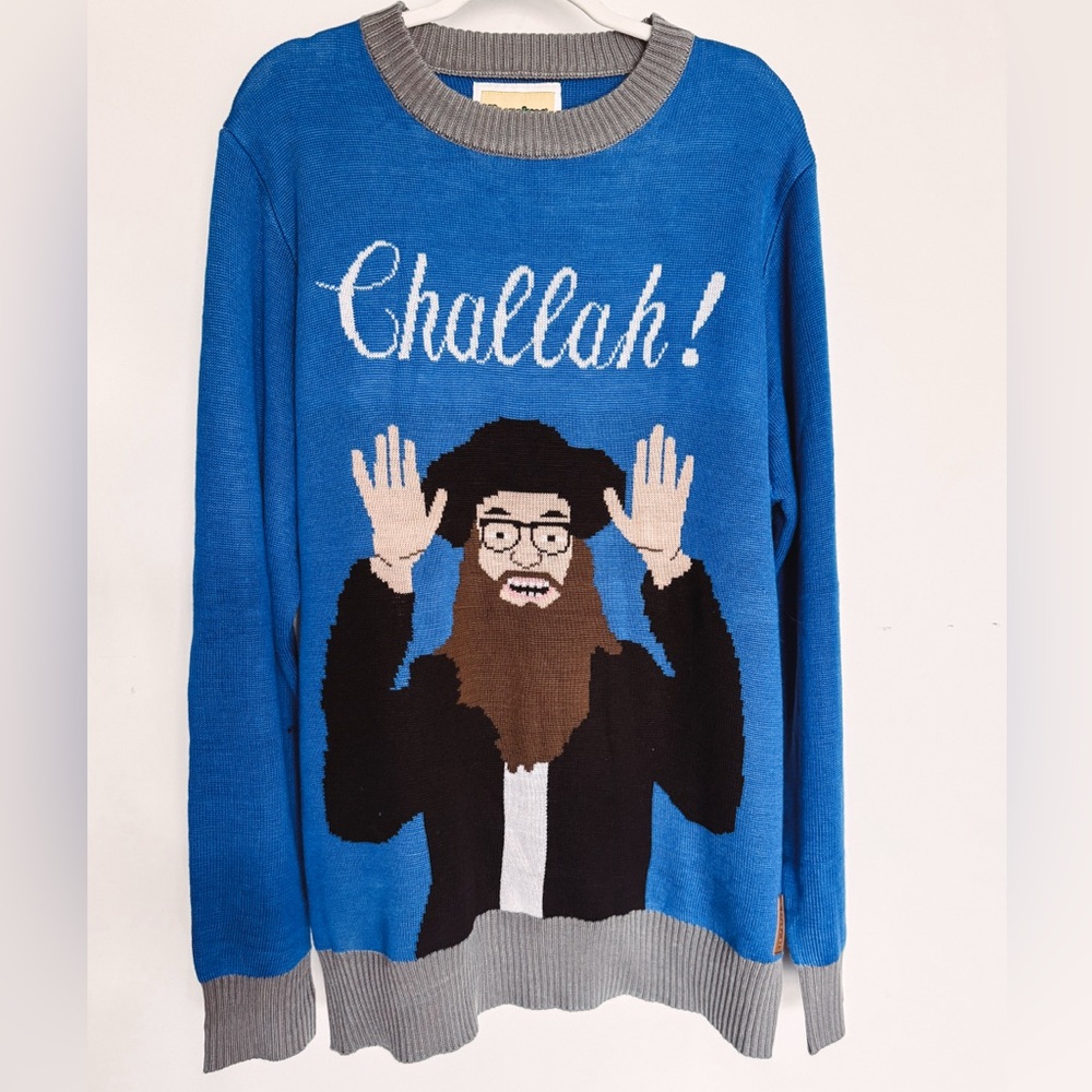 Tipsy Elves Men’s Blue Graphic Hanukah “Challah” Crewneck Sweater